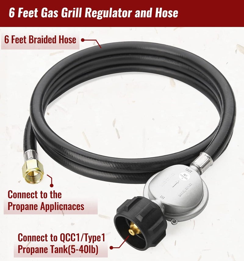 CALPOSE 6 Feet Propane Hose with Regulator, Universal Gas Grill Regulator and Hose for Blackstone 28''/36'' Griddle, Weber Grill, Propane fire pit and More, 3/8" Female Flare for Most LP Gas Grills - Image 2